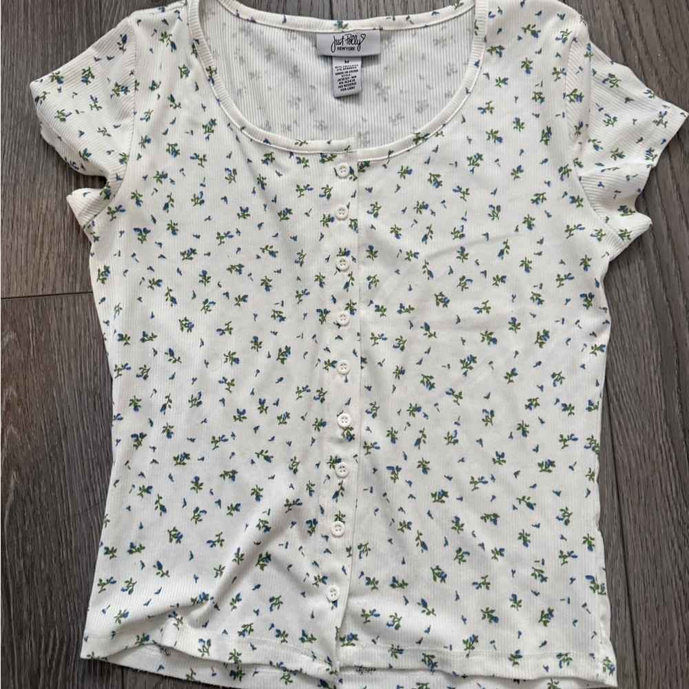 Just Polly New York Floral Button-Down Shirt - White and Green Floral Juniors M